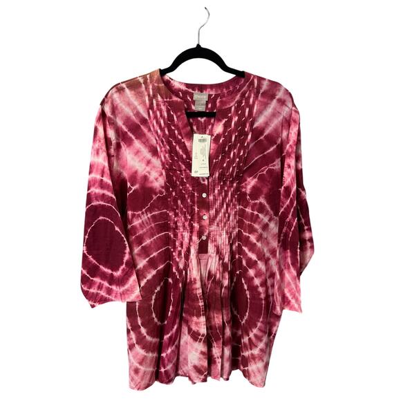 NWT Chico’s Deep Cherry Tie Dye Peasant Sleeve Pintuck Cotton Blouse Womens 20 - Picture 1 of 8